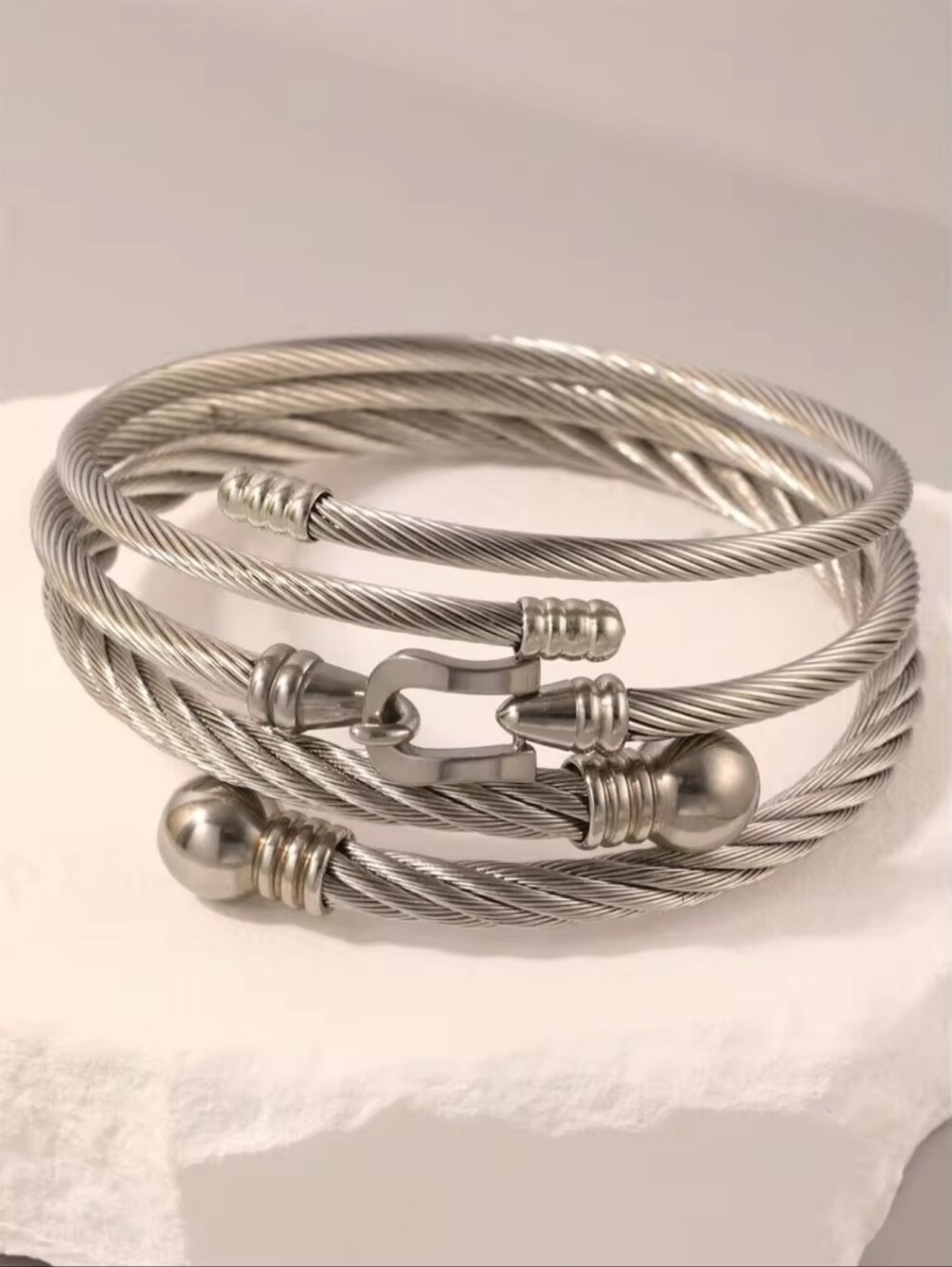 Twisted Cable Silver Multi-Strand Wrap Bracelet 3 Piece Set